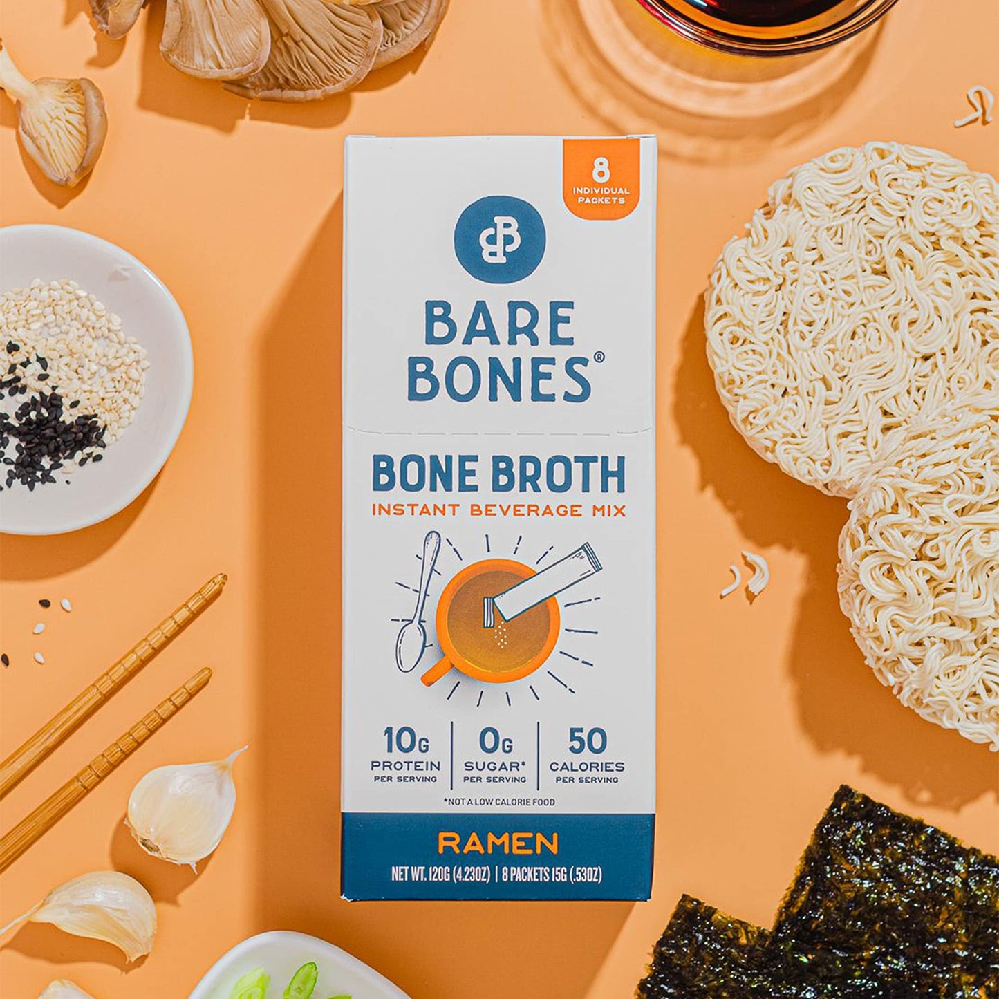 Bare Bones Bone Broth Instant Powdered Mix Ramen Flavor Non-GMO Gluten-Free Dairy-Free Keto Paleo Friendly 10g Protein (Pack of 4)