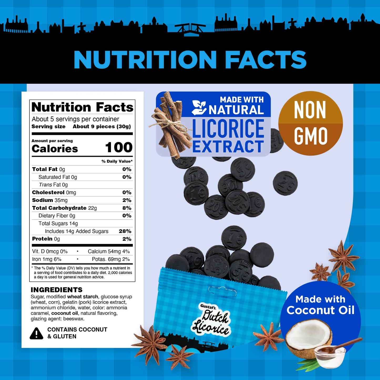 Gustaf's Salted Dutch Licorice Coins of 5. Bags Salted Black 2oz