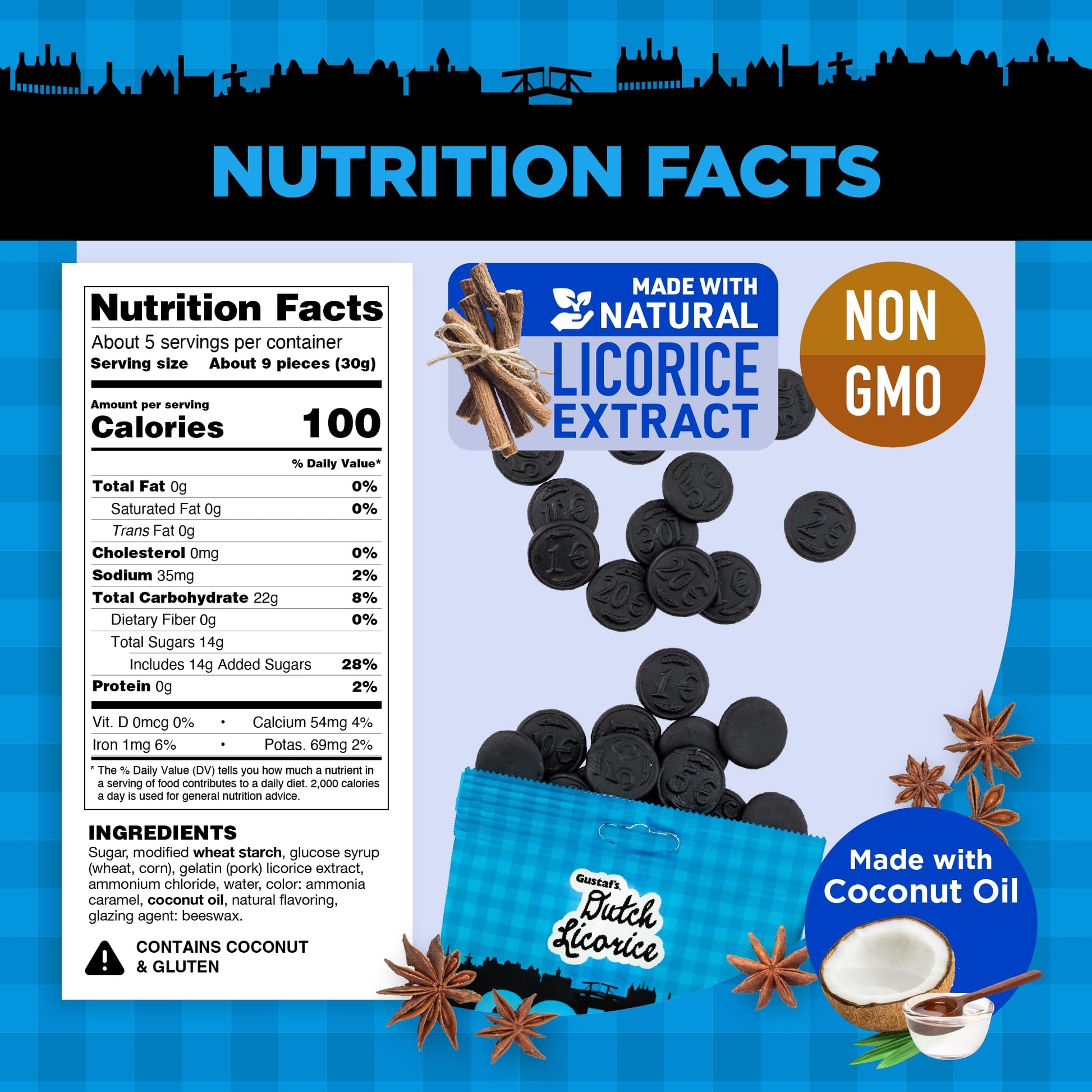Gustaf's Salted Dutch Licorice Coins of 5. Bags Salted Black 2oz