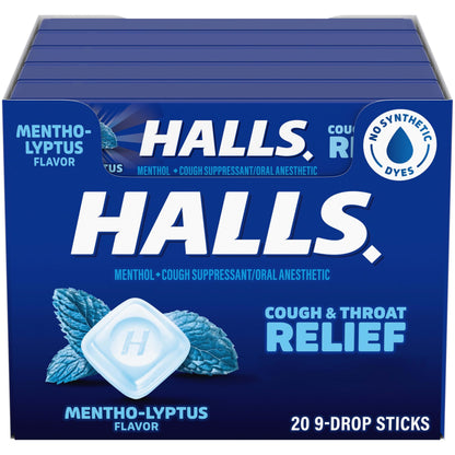 HALLS Cough and Throat Relief Mentho-Lyptus Cough Drops, 9 Sticks (Pack of 20)