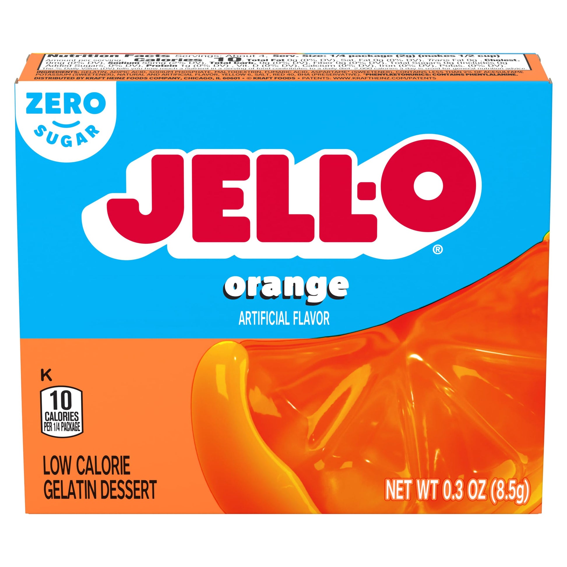 Jell-O Zero Sugar Gelatin Dessert Mix Orange 0.30 oz (Pack of 6)