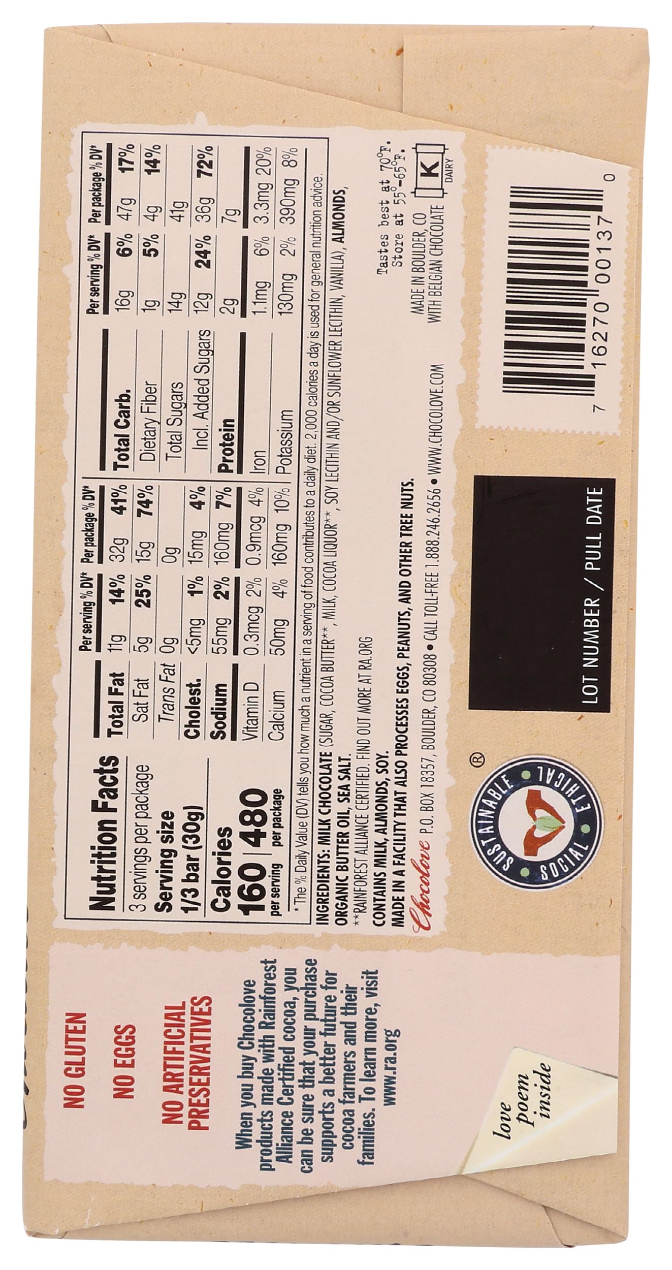 Chocolove Almonds & Sea Salt Milk Chocolate Bar 3.2 Oz