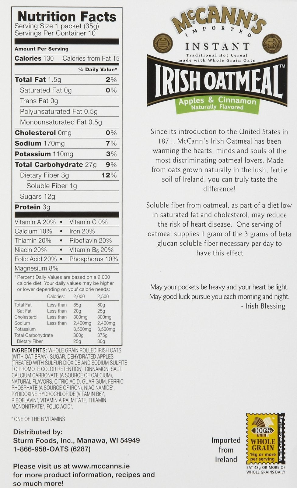 McCann's Instant Cinnamon Apple Irish Oatmeal Apple Cinnamon 10 ct 12.3 oz