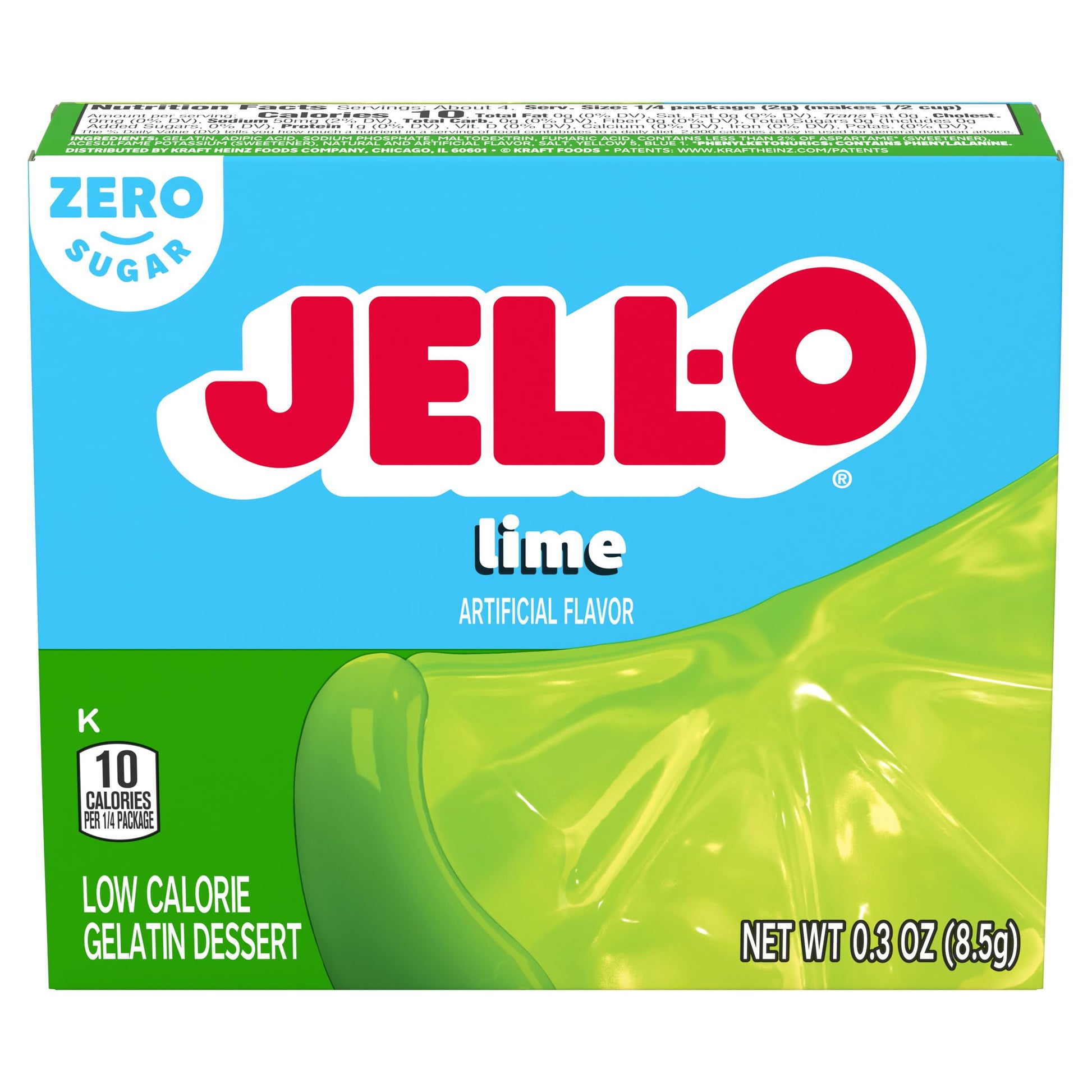 Jell-O Lime Artificially Flavored Zero Sugar Low Calorie Gelatin (Pack of 4) Jell-O