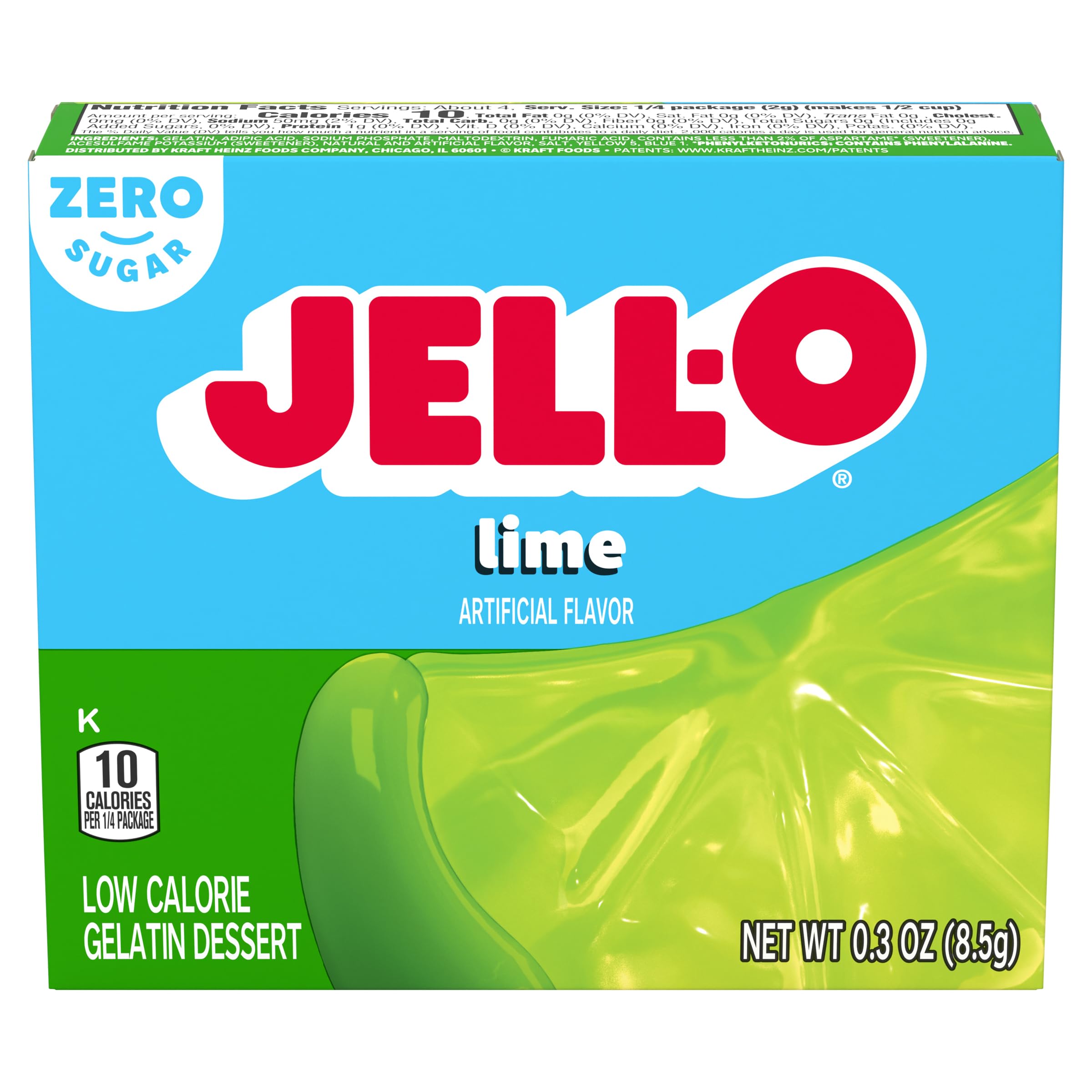 Jell-O Lime Artificially Flavored Zero Sugar Low Calorie Gelatin (Pack of 4) Jell-O