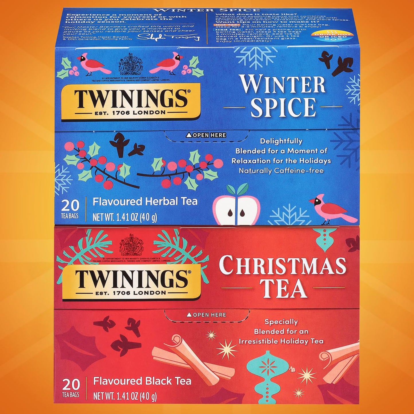 Twinings Holiday Sweet & Spicy Tea Variety (Pack of 2) Christmas Tea Caffeinated and Winter Spice Herbal Caffeine-Free 20 Tea Bags Each