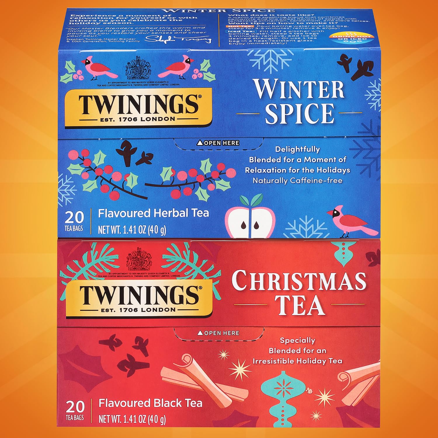Twinings Holiday Sweet & Spicy Tea Variety (Pack of 2) Christmas Tea Caffeinated and Winter Spice Herbal Caffeine-Free 20 Tea Bags Each