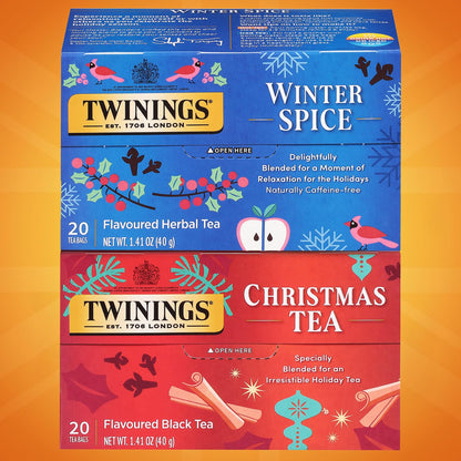 Twinings Holiday Sweet & Spicy Tea Variety (Pack of 2) Christmas Tea Caffeinated and Winter Spice Herbal Caffeine-Free 20 Tea Bags Each