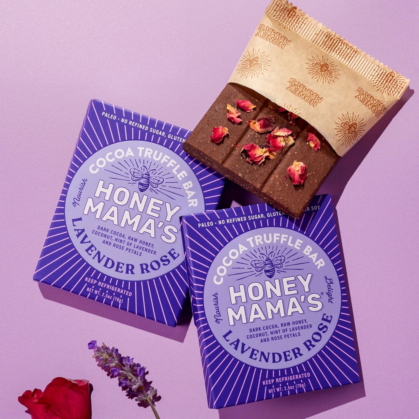 Honey Mama's Lavender Rose Cocoa Truffle Bars 2.5 Ounce Gluten Free Dairy Free Paleo No Refined Sugar