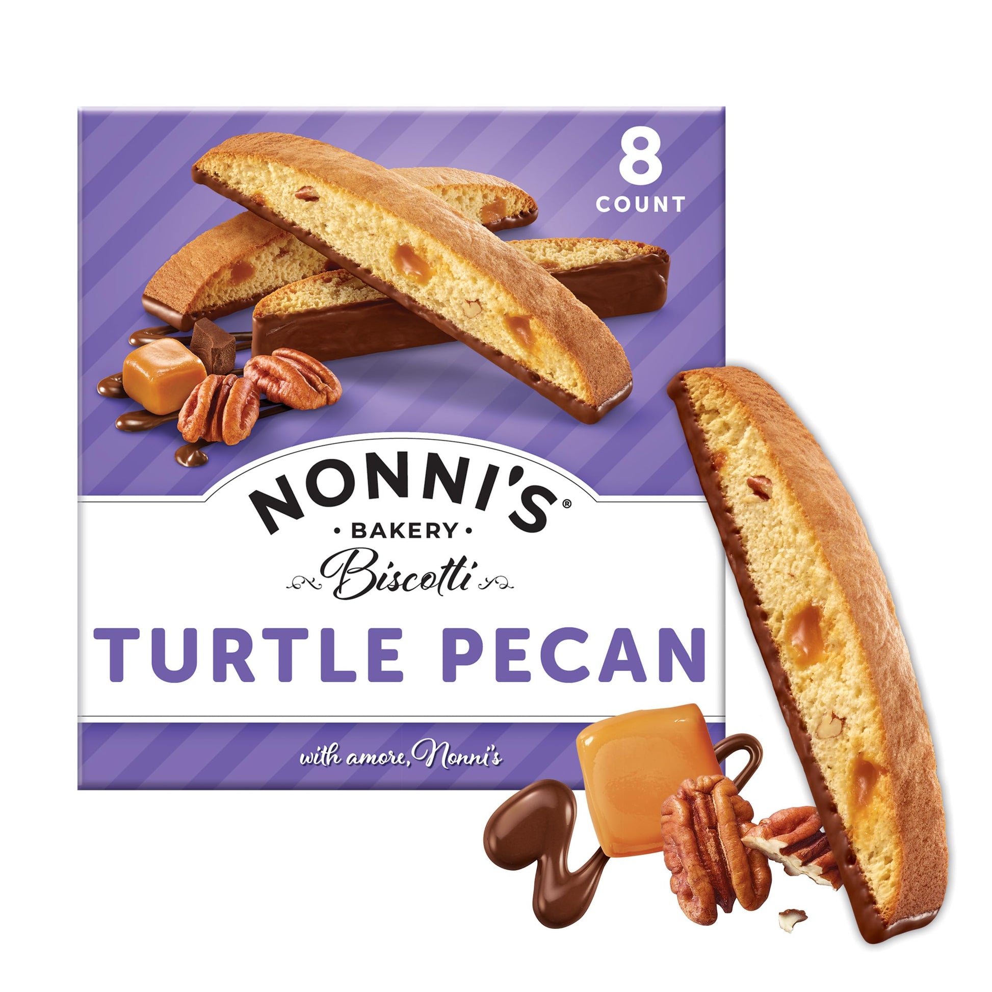Nonni's Turtle Pecan Biscotti, Gourmet Cookies, Individually Wrapped, 8 Count Nonni's