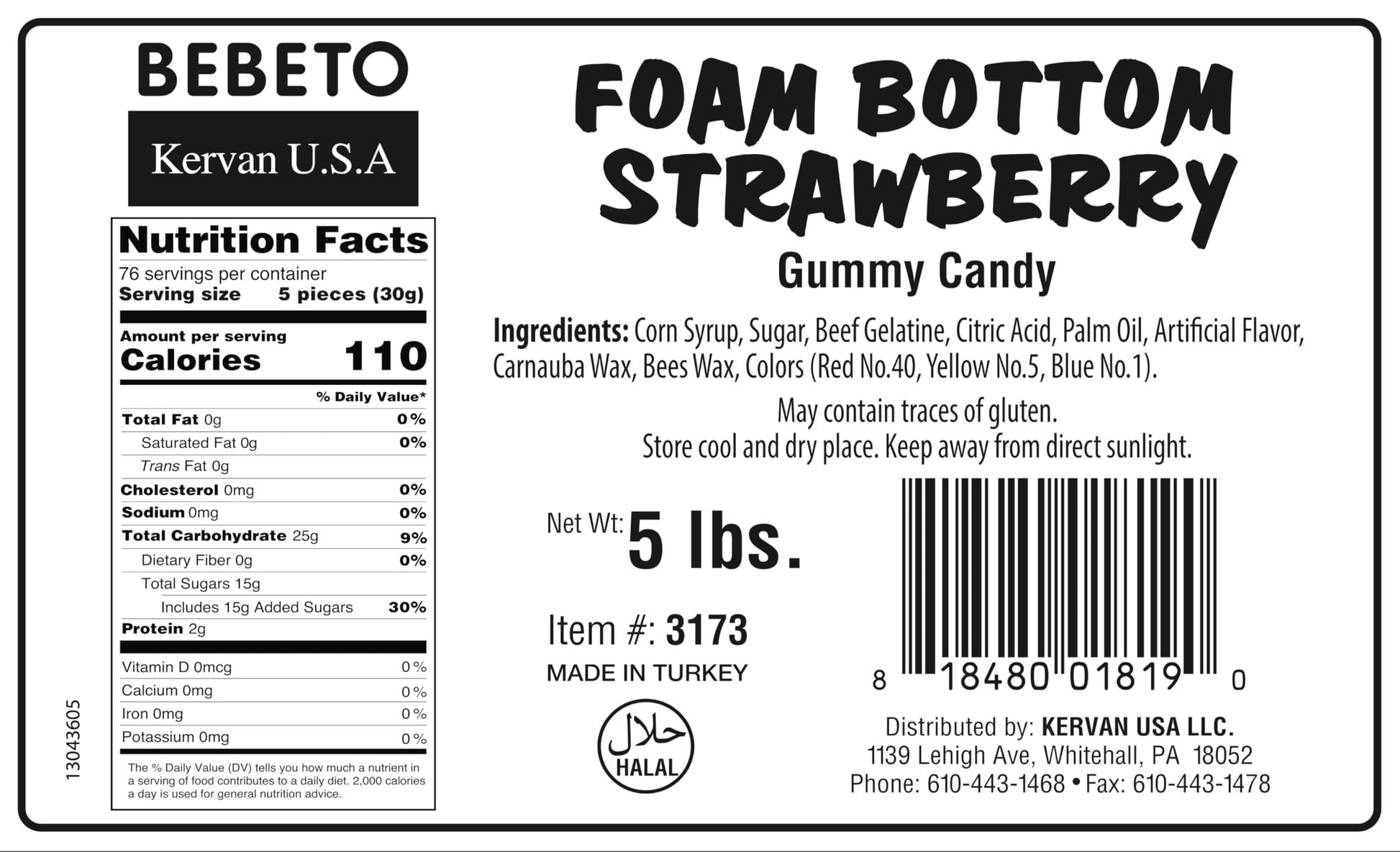 Kervan Bebeto Foam Bottom Strawberry Gummies 5 lbs Fruity Soft & Sweet Bulk Candy for Kids Parties