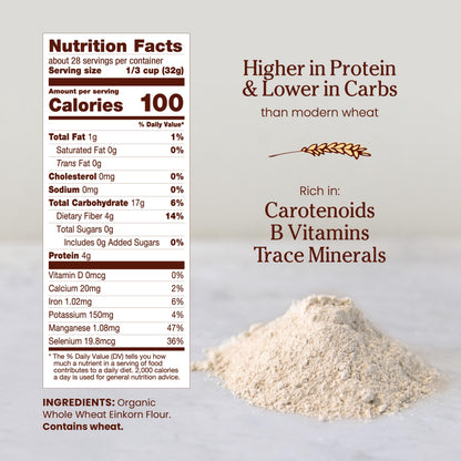Jovial Organic Einkorn Whole Wheat Flour - Bread Baking Flour for Sourdough, High Protein, Non-GMO, For Organic Pizza & Pasta, European Italian Made, Glyphosate Free - 32 Oz, (Pack of 2)
