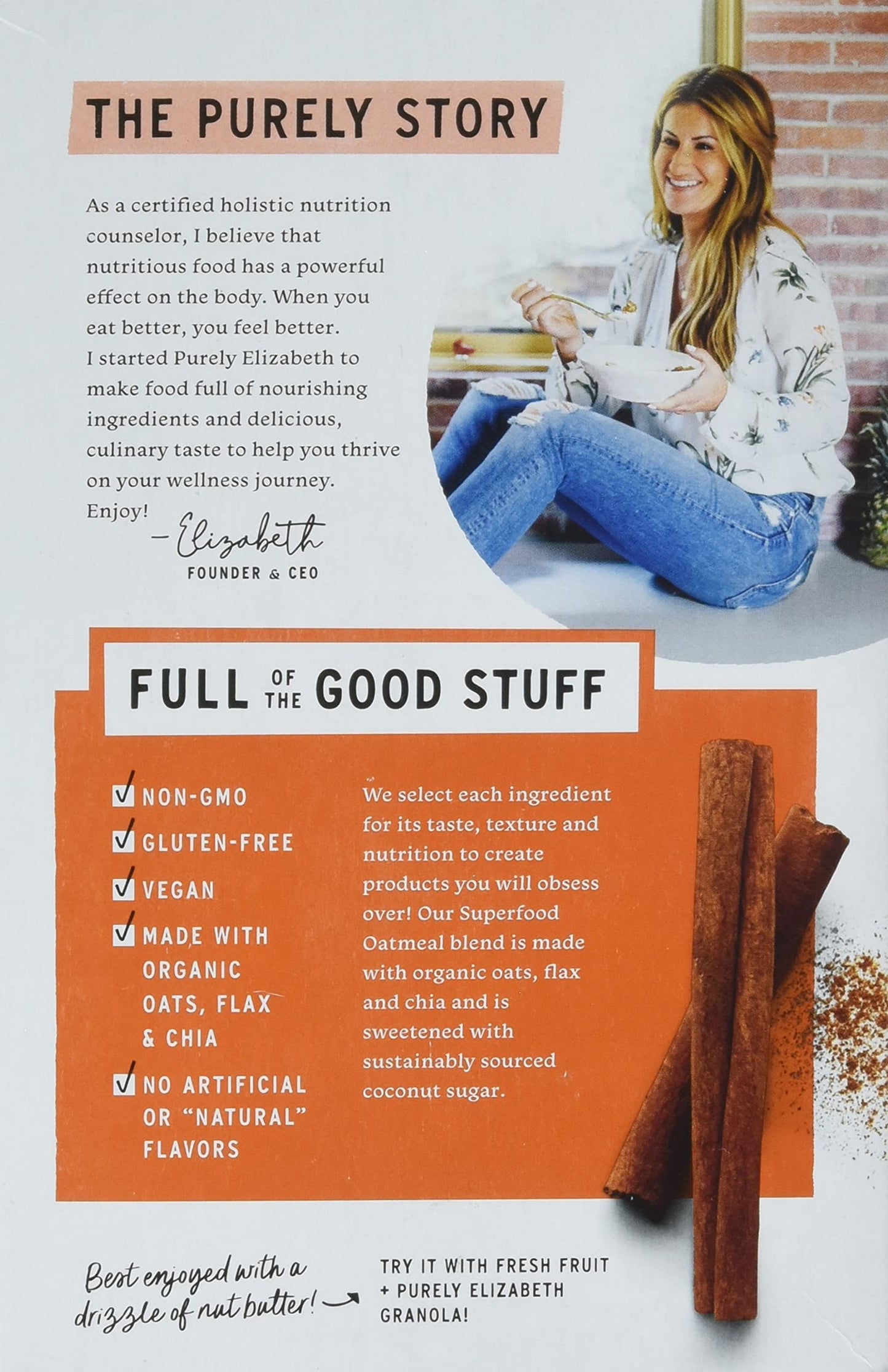 Purely Elizabeth Superfood Vegan Oatmeal Classic Cinnamon 9.12 Oz 6 Packets