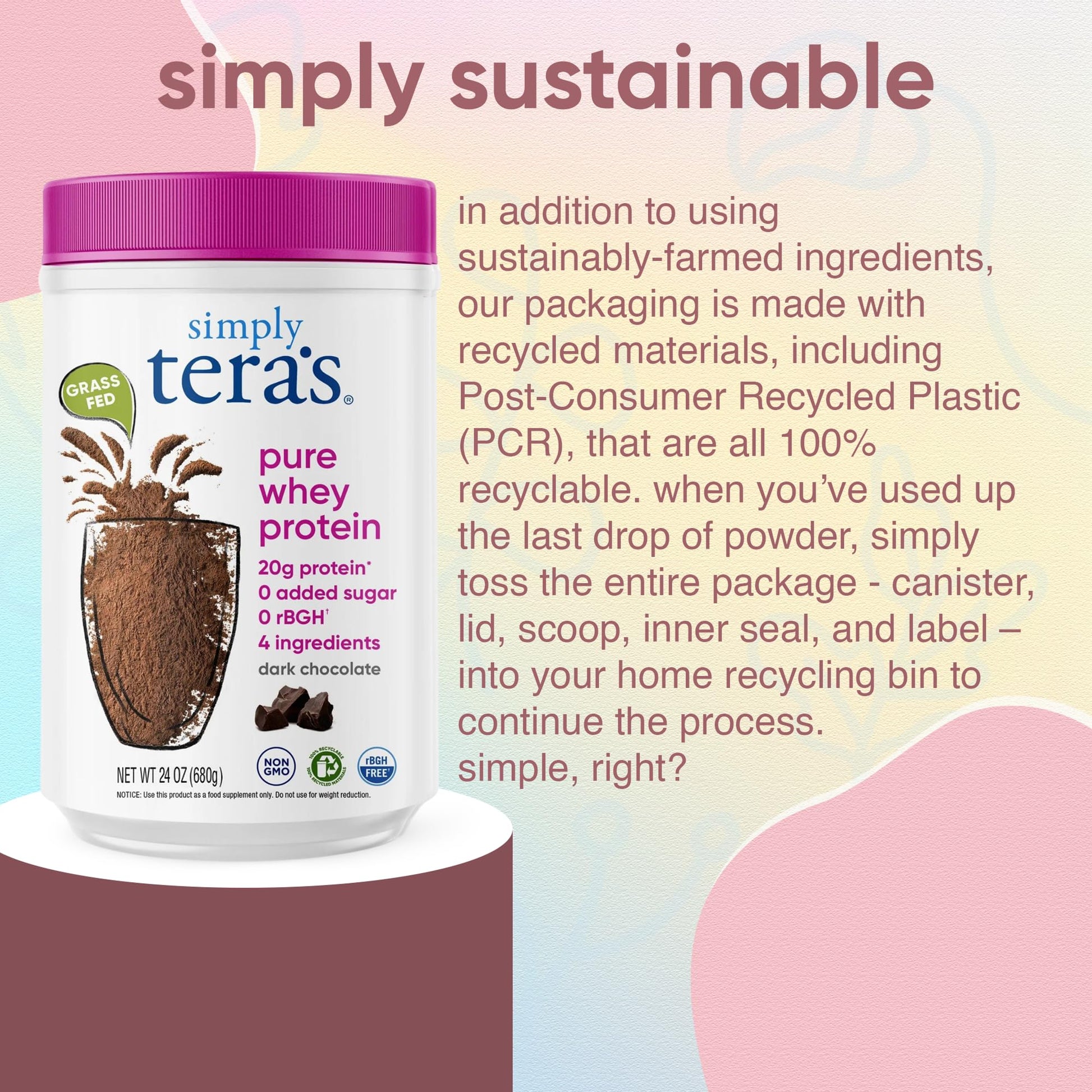 simply tera's Pure Whey Protein Powder Dark Chocolate Clean Protein 24 Oz