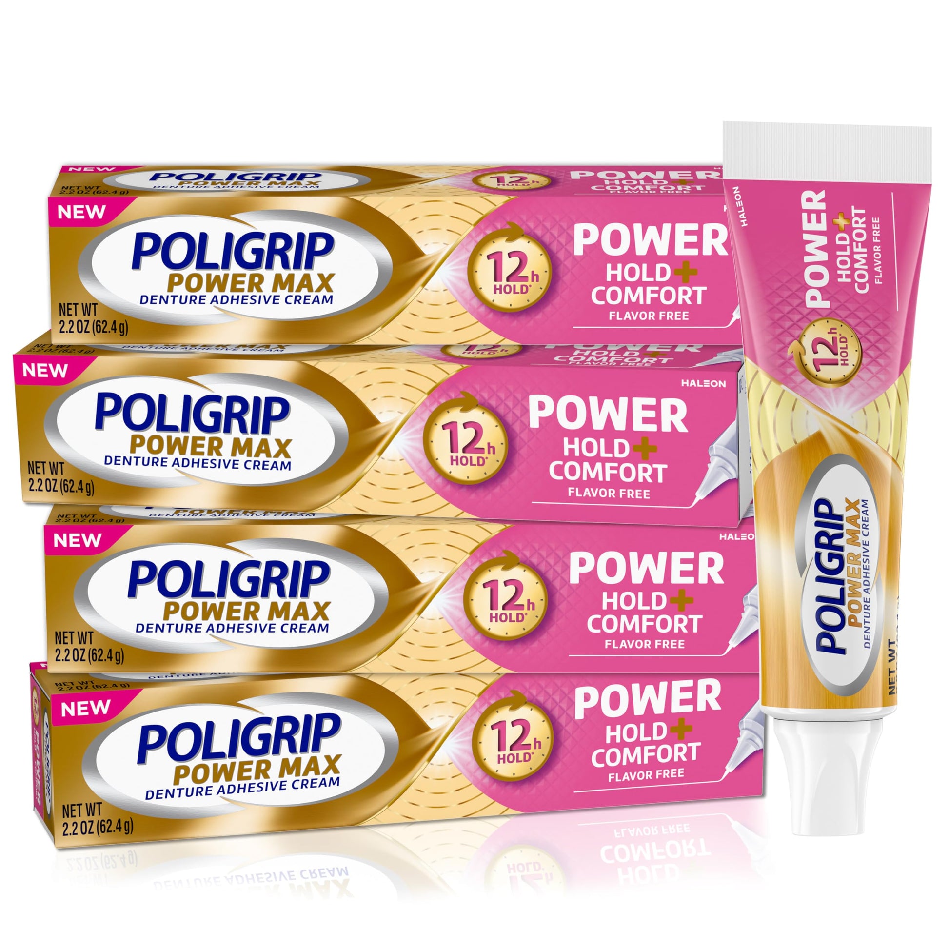 Poligrip Denture Adhesive, Power Max Hold Plus Comfort Denture (Pack of 4) Poligrip