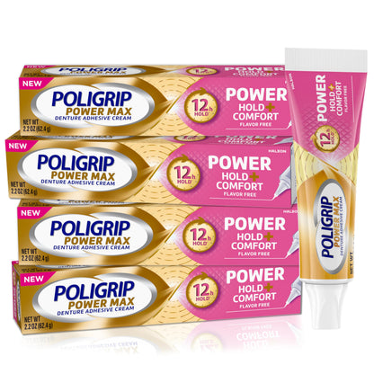 Poligrip Denture Adhesive, Power Max Hold Plus Comfort Denture (Pack of 4) Poligrip