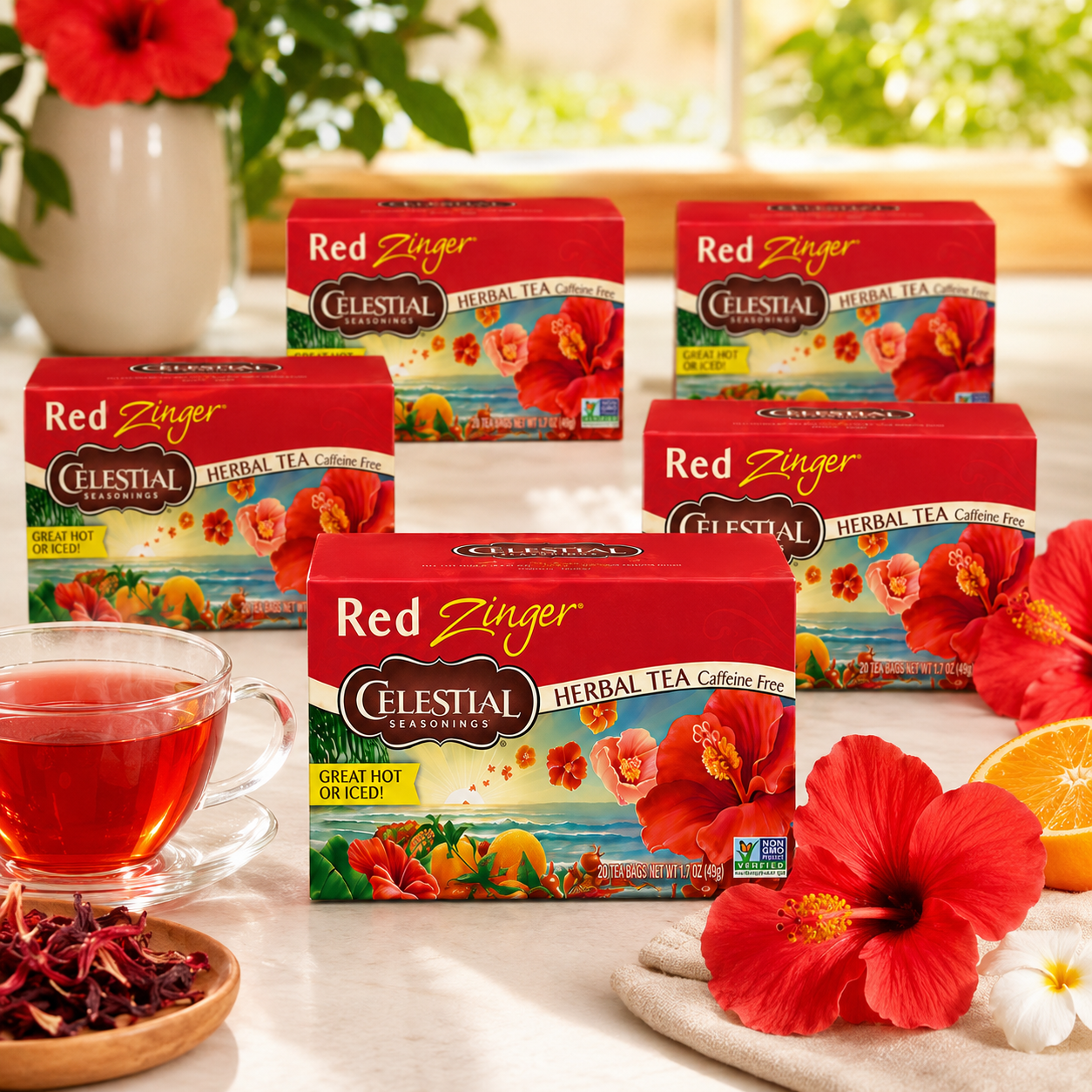 Celestial Seasonings Red Zinger Herbal Tea Hibiscus Caffeine Free 20 Tea Bags (Pack of 6)