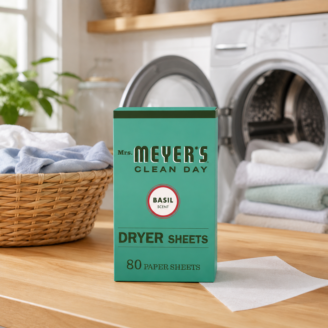 Mrs. Meyer's Clean Day Dryer Sheets Fabric Softener Basil Scent Softens Fabric Reduces Static Cruelty Free Formula 80 ct