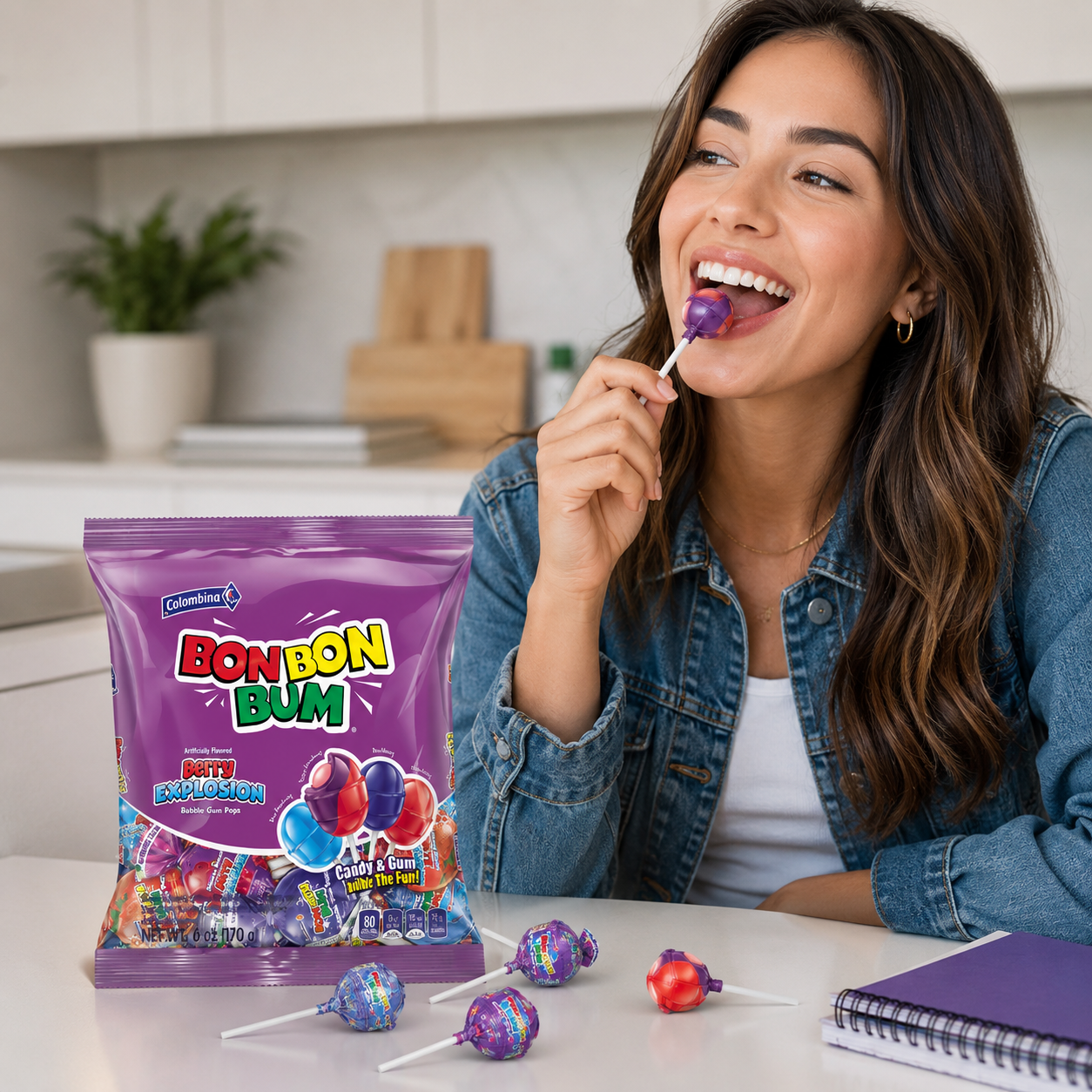 Colombina Bon Bon Bum Lollipops w/Bubble Gum Center, Berry Explosion Mix, Individually Wrapped, Ideal for Party Favors and Gifts, (Pack of 3)