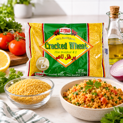 Ziyad Cracked Wheat Bulgur Whole Grain No. 1 Fiber-Rich Ideal for Tabbouleh Kibbeh Curries Soups & Salads Vegan 30-Minute Prep 16 oz