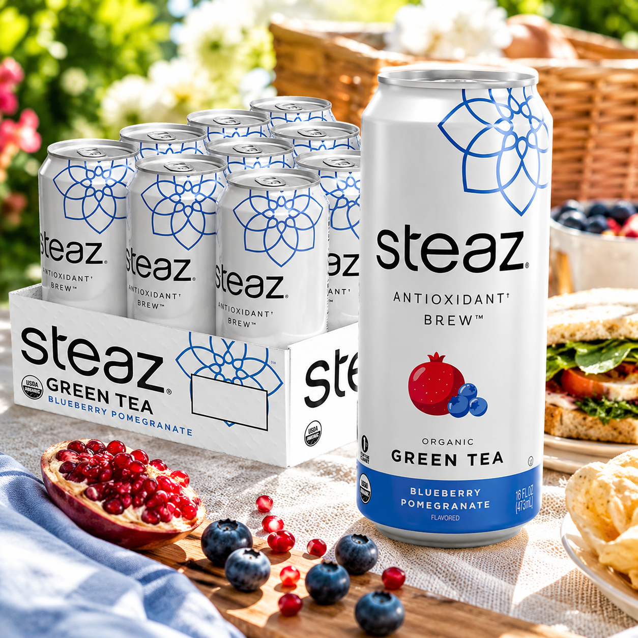 Steaz Organic Green Tea Blueberry Pomegranate Antioxidant Brew Natural Caffeine 90 Calories Vitamin C Cane Sugar Sweetened Vegan 16 fl oz