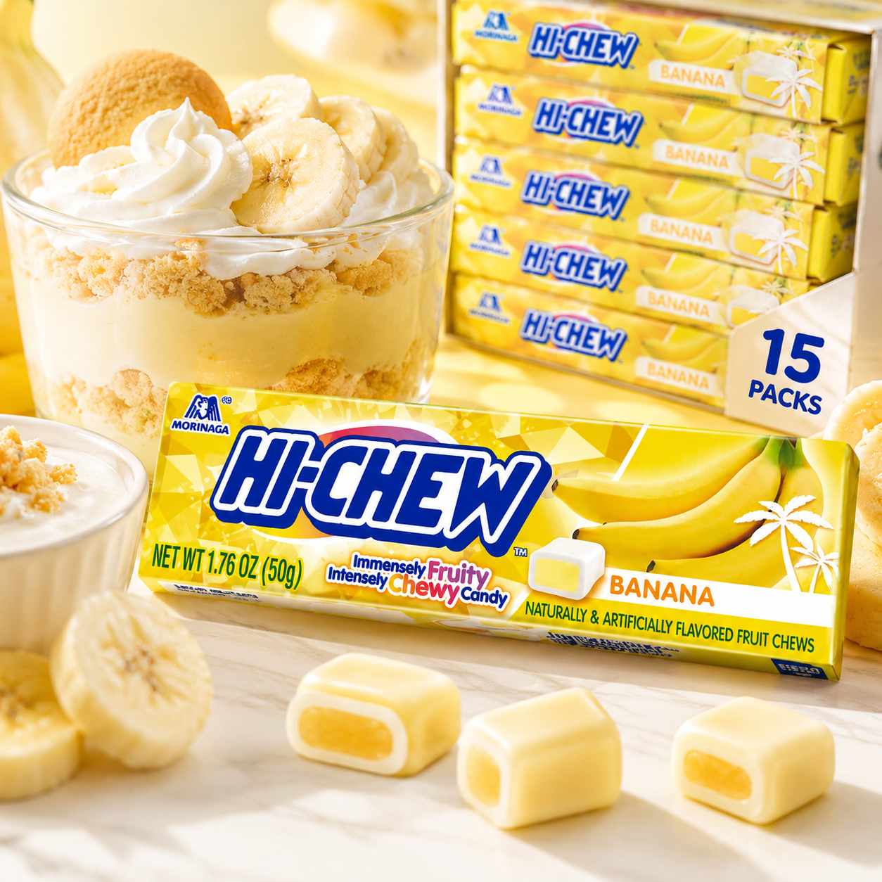 HI-CHEW Banana Sticks Soft & Chewy Candy Each Individually Wrapped Juicy Fruity Flavors 1.76 oz