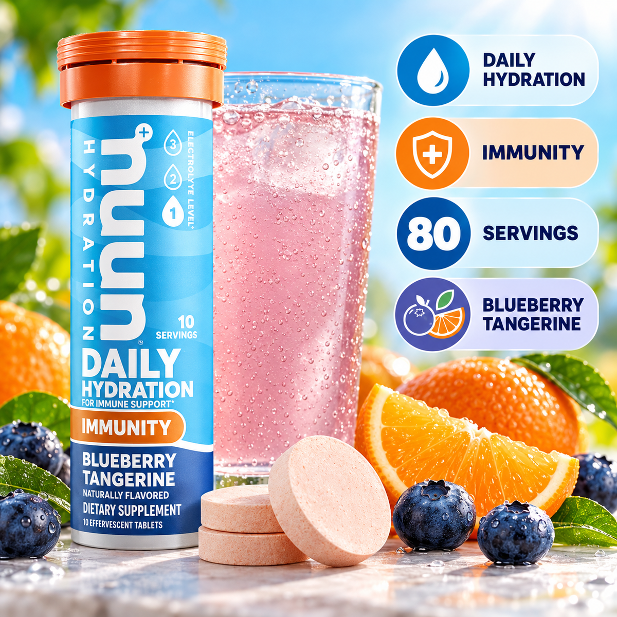 Nuun Immunity Electrolyte Tablets, Blueberry Tangerine Flavor (Pack of 8) Nuun