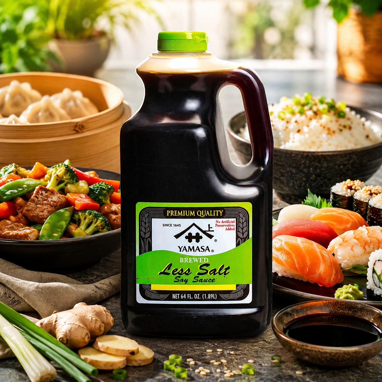 Yamasa Less Salt Soy Sauce Low Sodium Preservative Free Kosher Premium Soy Sauce 64 fl. oz. Bottle