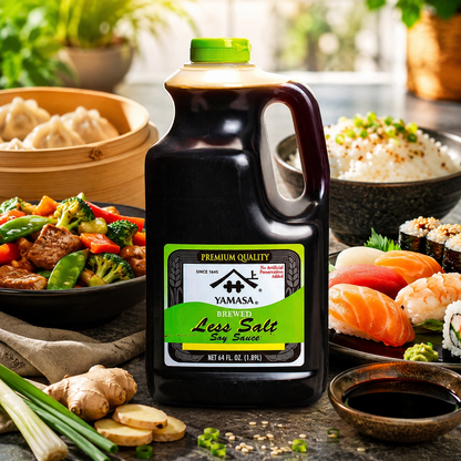 Yamasa Less Salt Soy Sauce Low Sodium Preservative Free Kosher Premium Soy Sauce 64 fl. oz. Bottle