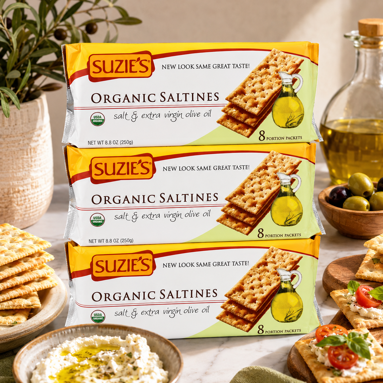Suzie's Organic Saltines Crackers Salted with Extra Virgin Olive Oil (Pack of 3) 8.8oz Each