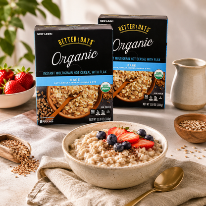 Better Oats Raw Pure & Simple Organic Bare Instant Multigrain Hot Cereal with Flax 8 Pouches
