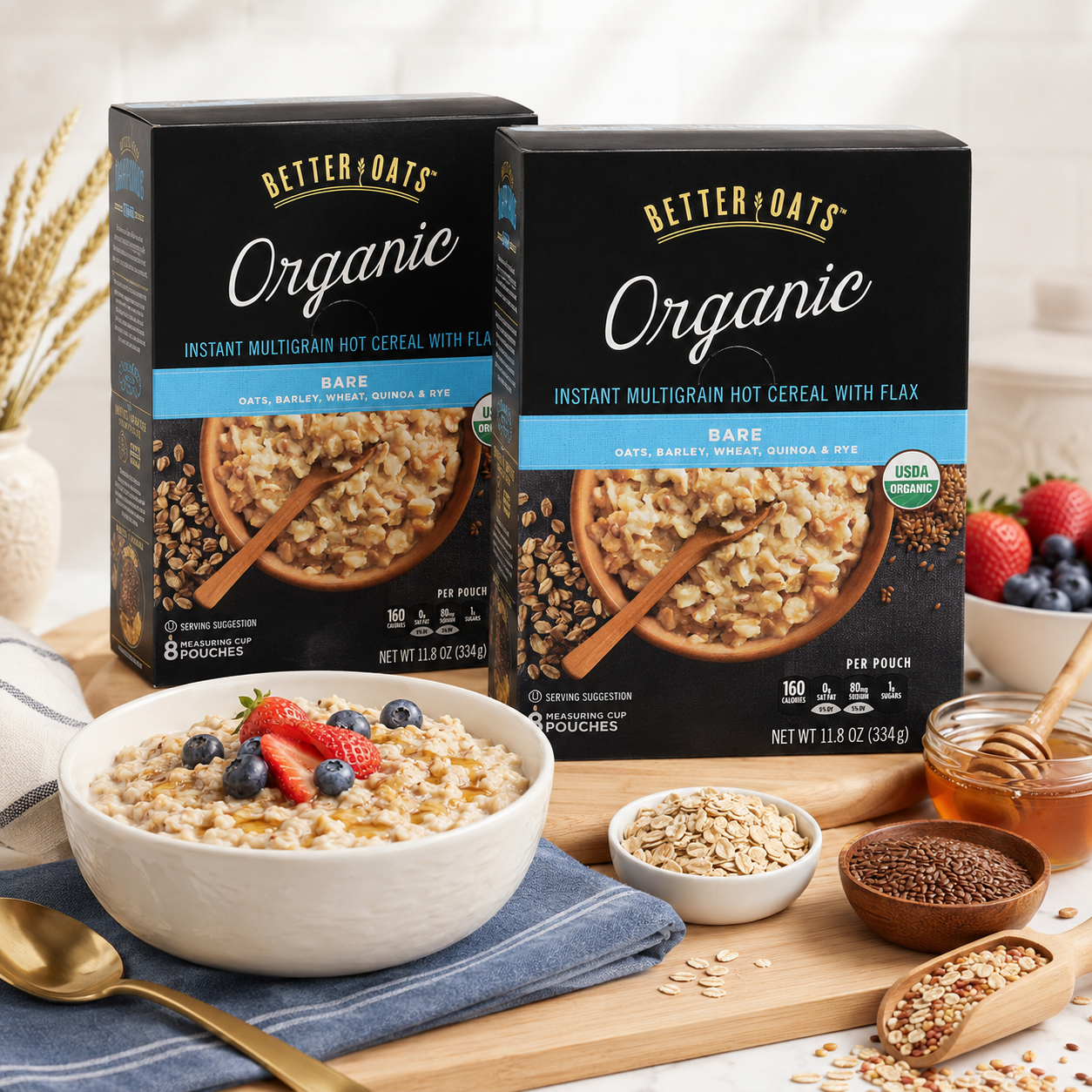 Better Oats Raw Pure & Simple Organic Bare Instant Multigrain Hot Cereal with Flax 8 Pouches
