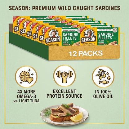 Season Sardines in Olive Oil, Skinless & Boneless, 4.37 oz (Pack of 12) Season