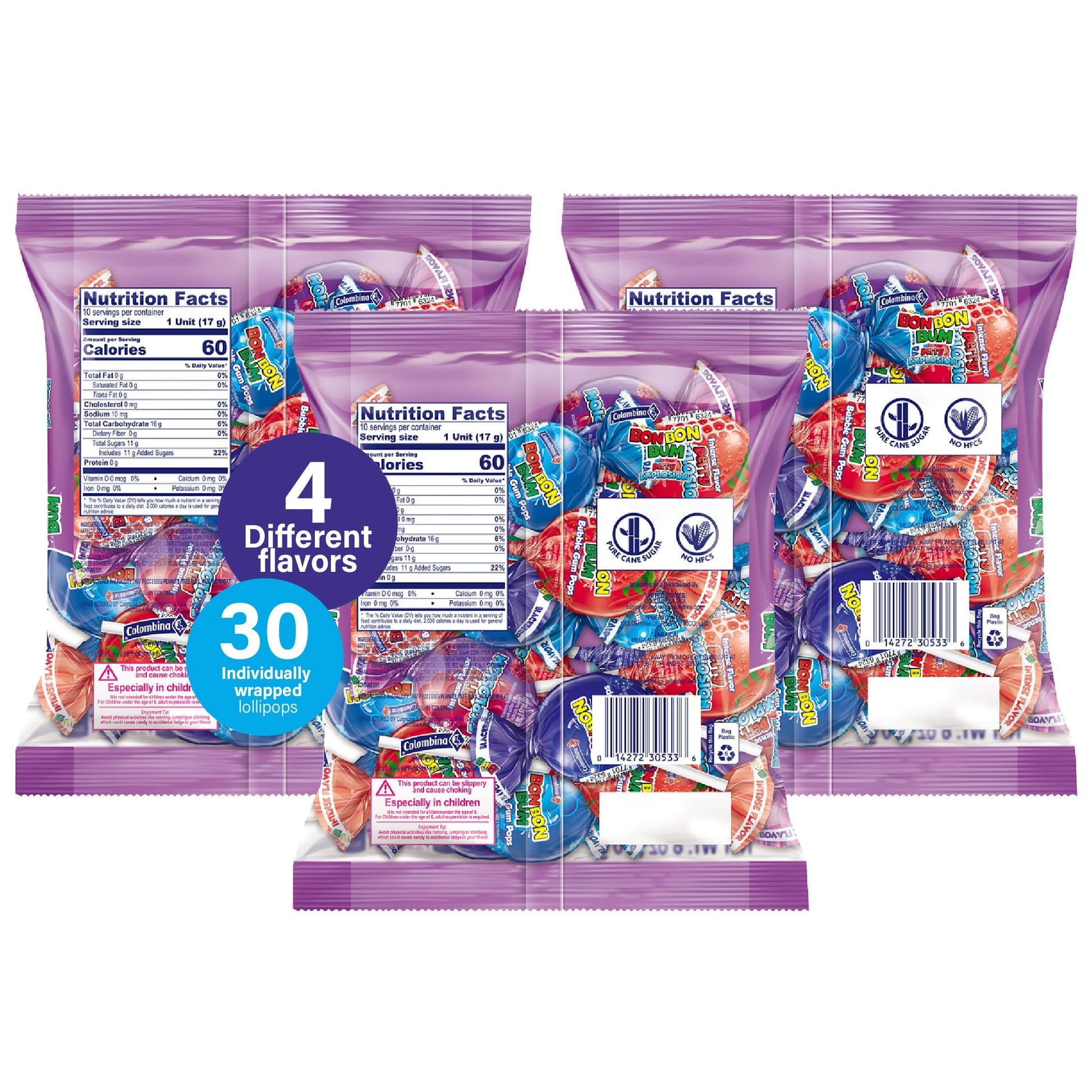 Colombina Bon Bon Bum Lollipops w/Bubble Gum Center, Berry Explosion Mix, Individually Wrapped, Ideal for Party Favors and Gifts, (Pack of 3)