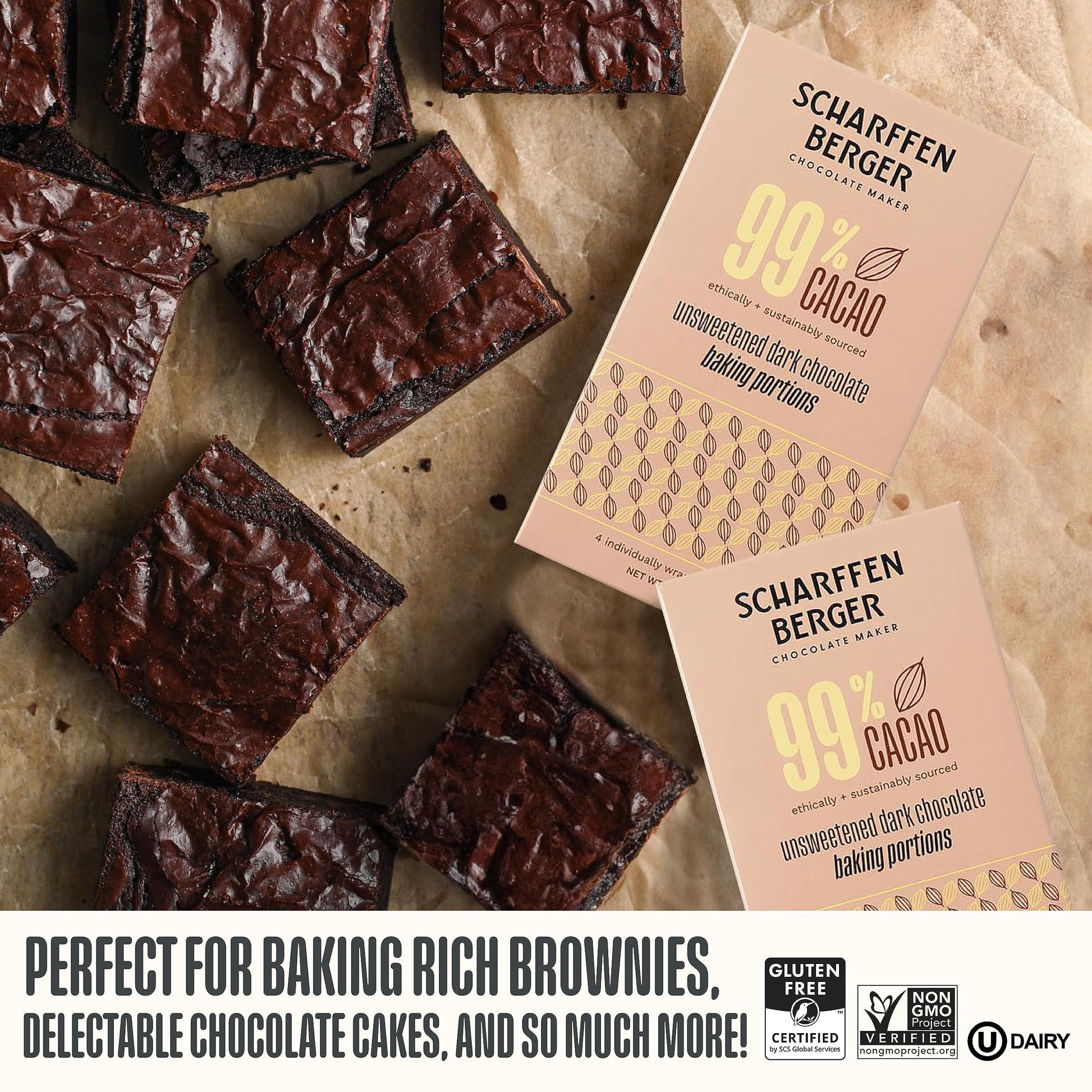 Scharffen Berger Unsweetened Dark Chocolate Baking Bar 99% Cacao Gluten Free Non GMO 4 Ounce (Pack of 3)