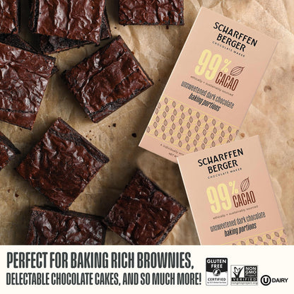 Scharffen Berger Unsweetened Dark Chocolate Baking Bar 99% Cacao Gluten Free Non GMO 4 Ounce (Pack of 3)