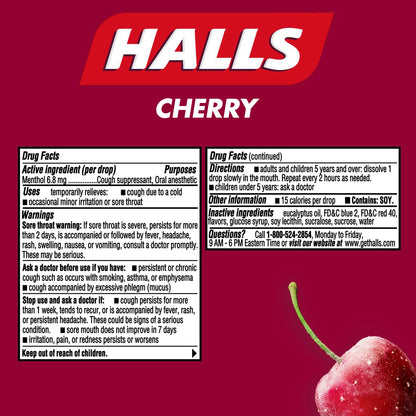 HALLS Cherry Cough Drops with Menthol 180 Drops 20 Sticks