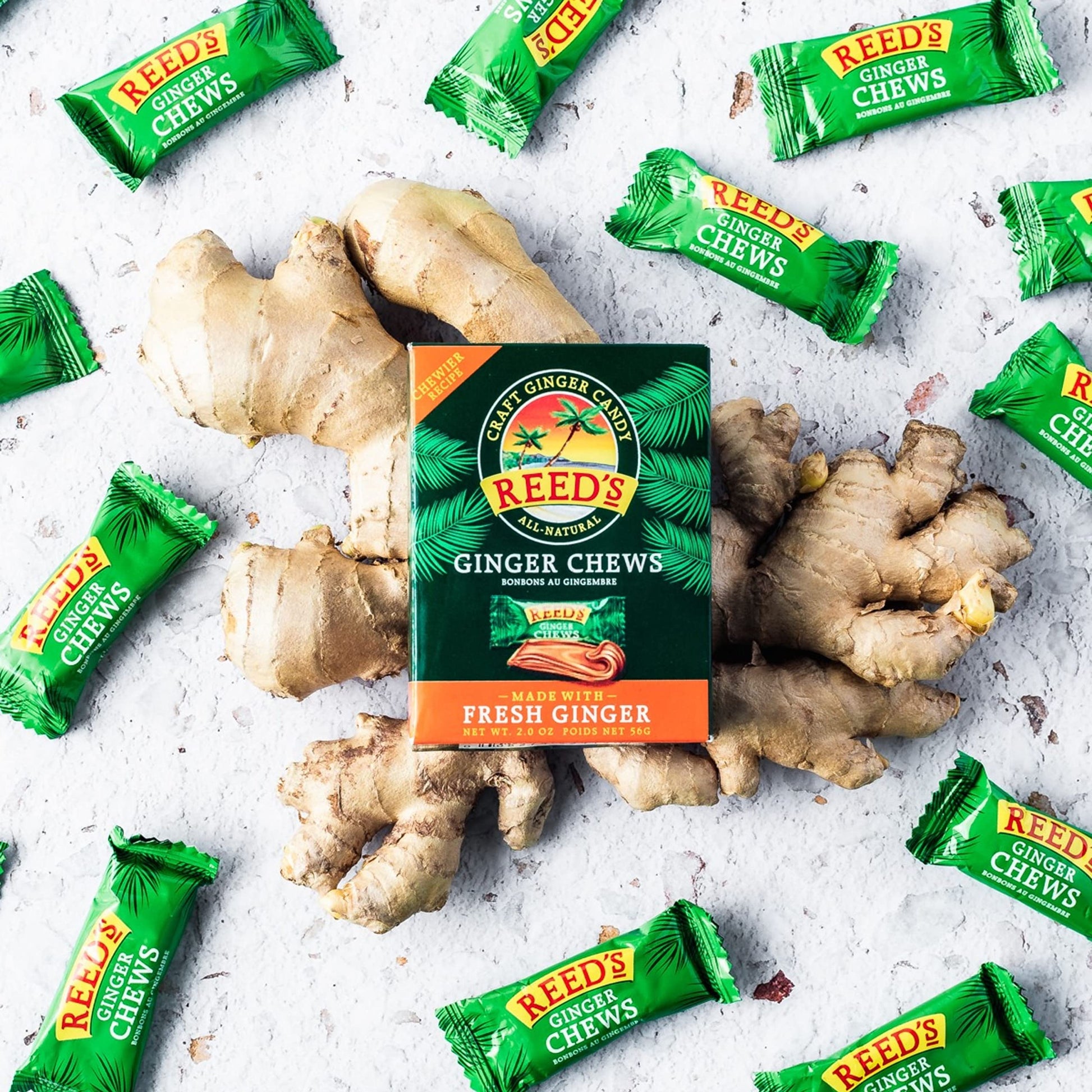 Reed's All Natural Ginger Chews Sweet & Spicy Chewy Candy Individually Wrapped Vegan 2oz Box Bulk (Pack of 20)