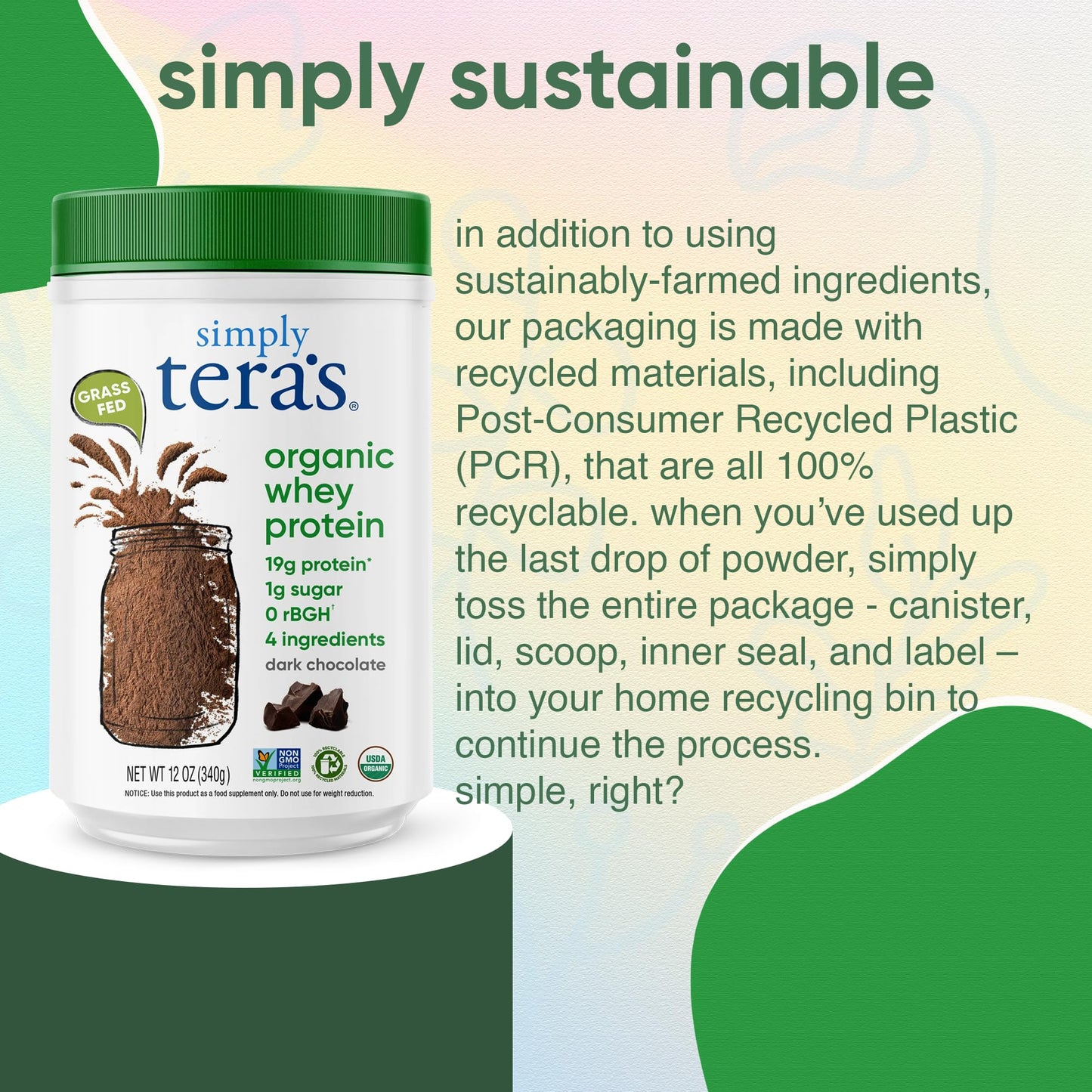 simply tera's Organic Whey Protein Powder Grass Fed Dark Chocolate Non-GMO Gluten-Free 12 Oz