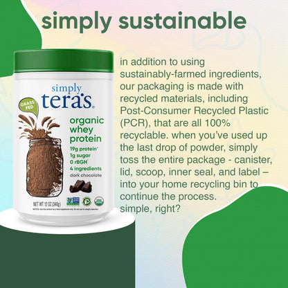 simply tera's Organic Whey Protein Powder Grass Fed Dark Chocolate Non-GMO Gluten-Free 12 Oz