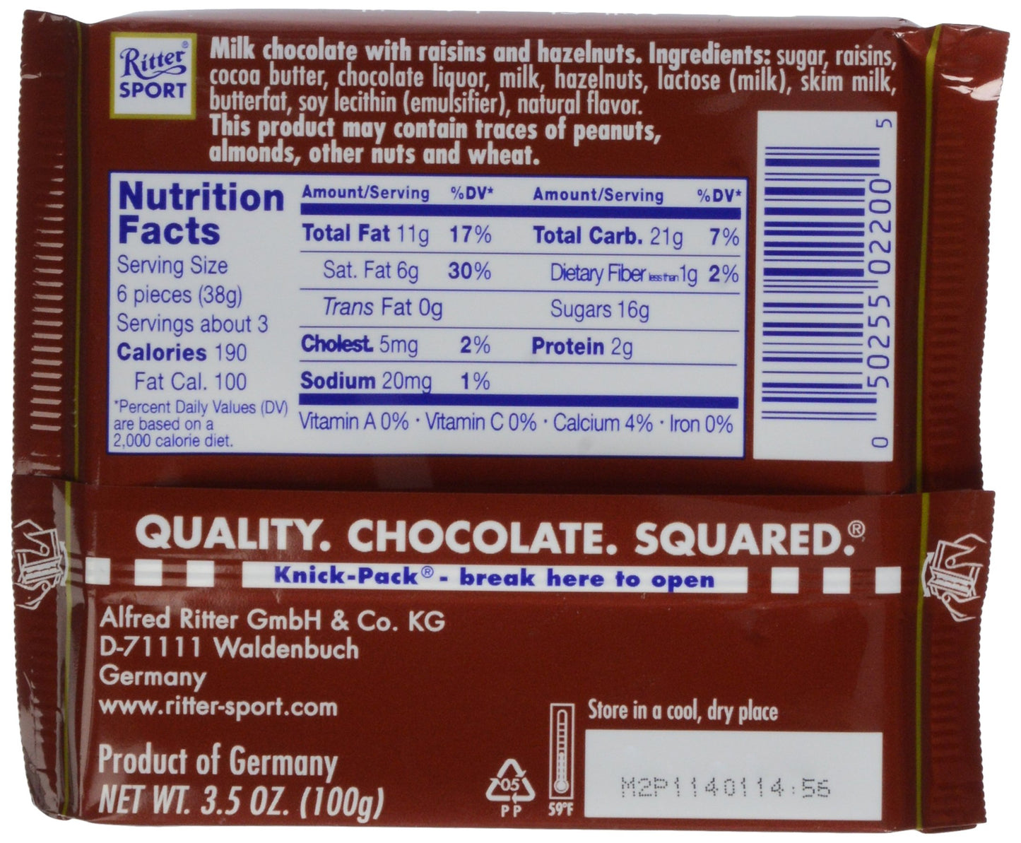 Ritter Sport Raisin & Hazelnut Chocolate Bar 3.5 oz
