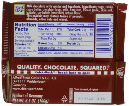 Ritter Sport Raisin & Hazelnut Chocolate Bar 3.5 oz