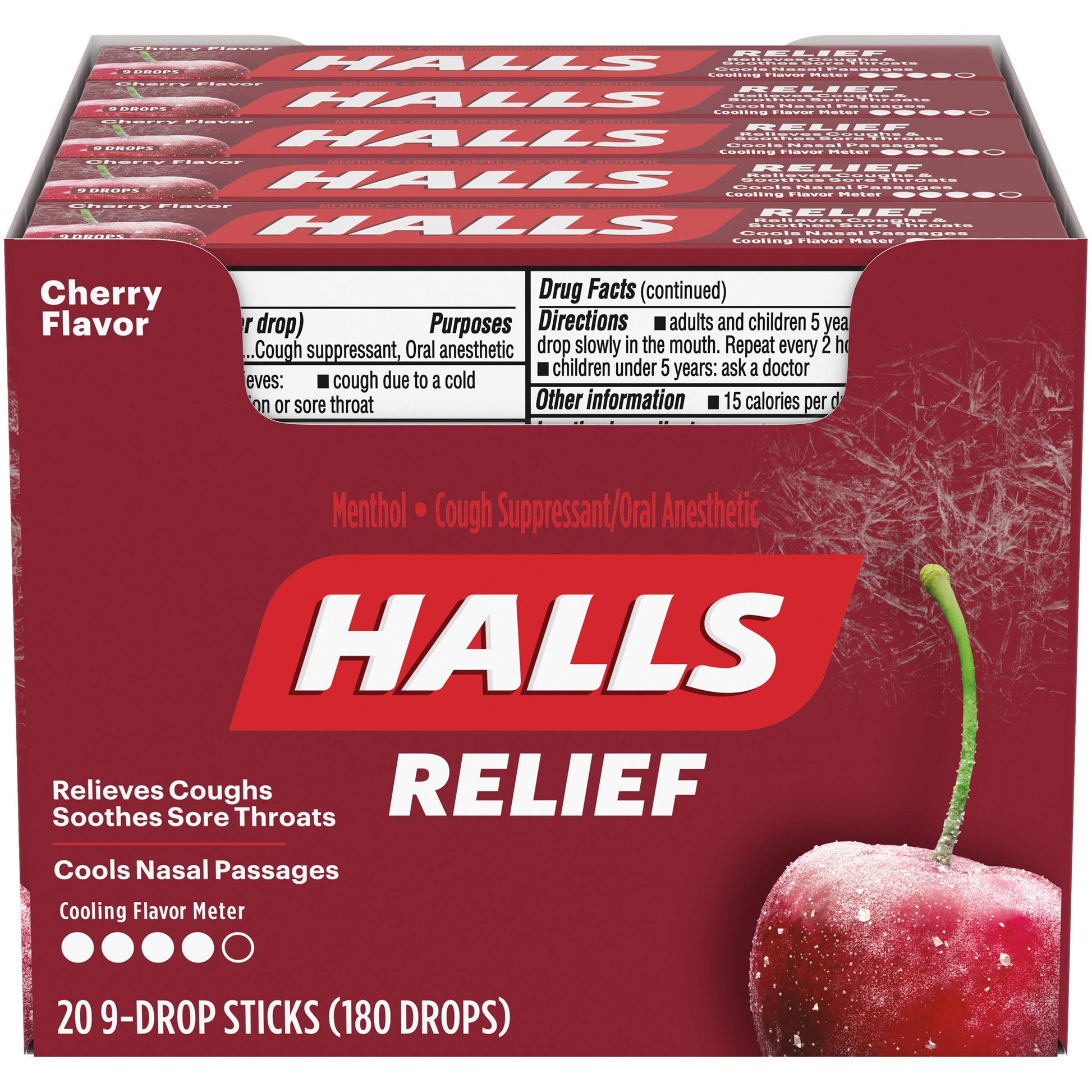 HALLS Cherry Cough Drops with Menthol 180 Drops 20 Sticks