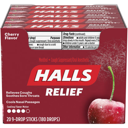 HALLS Cherry Cough Drops with Menthol 180 Drops 20 Sticks