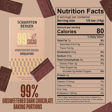 Nutrition facts label for Scharffen Berger 99% cacao dark chocolate with chocolate pieces around.