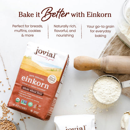 Jovial Organic Einkorn Whole Wheat Flour - Bread Baking Flour for Sourdough, High Protein, Non-GMO, For Organic Pizza & Pasta, European Italian Made, Glyphosate Free - 32 Oz, (Pack of 2)
