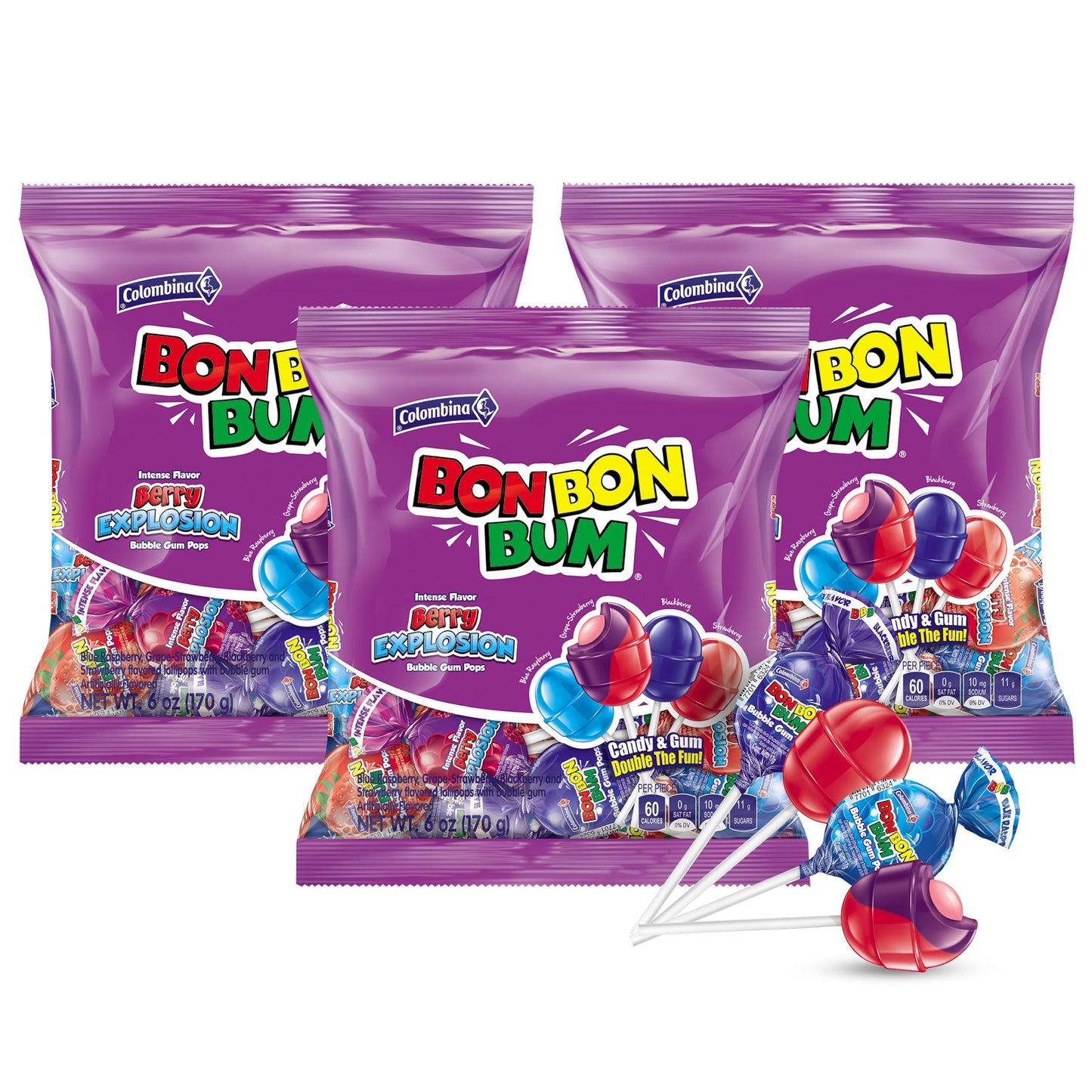 Colombina Bon Bon Bum Lollipops w/Bubble Gum Center, Berry Explosion Mix, Individually Wrapped, Ideal for Party Favors and Gifts, (Pack of 3)