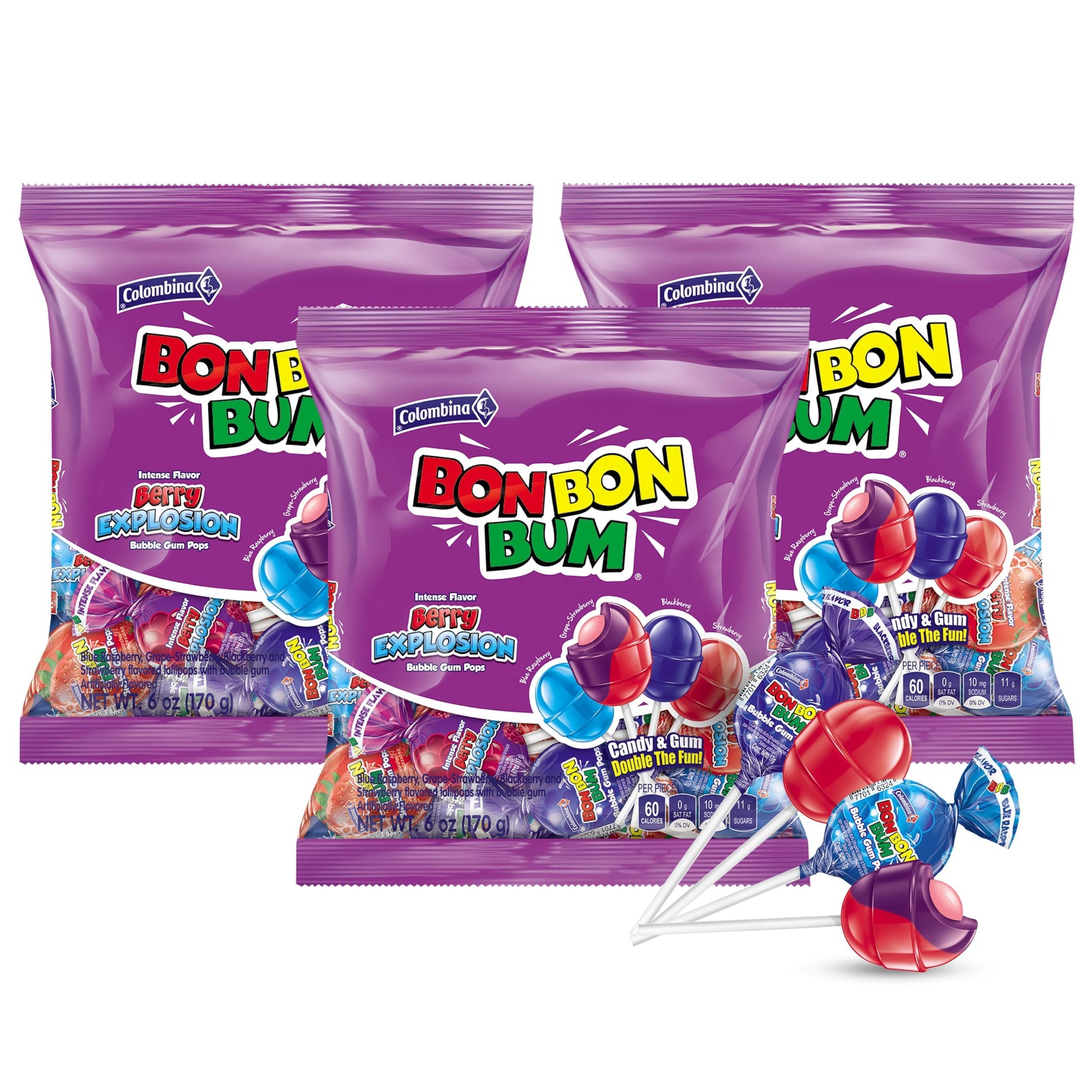 Colombina Bon Bon Bum Lollipops w/Bubble Gum Center, Berry Explosion Mix, Individually Wrapped, Ideal for Party Favors and Gifts, (Pack of 3)