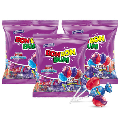 Colombina Bon Bon Bum Lollipops w/Bubble Gum Center, Berry Explosion Mix, Individually Wrapped, Ideal for Party Favors and Gifts, (Pack of 3)