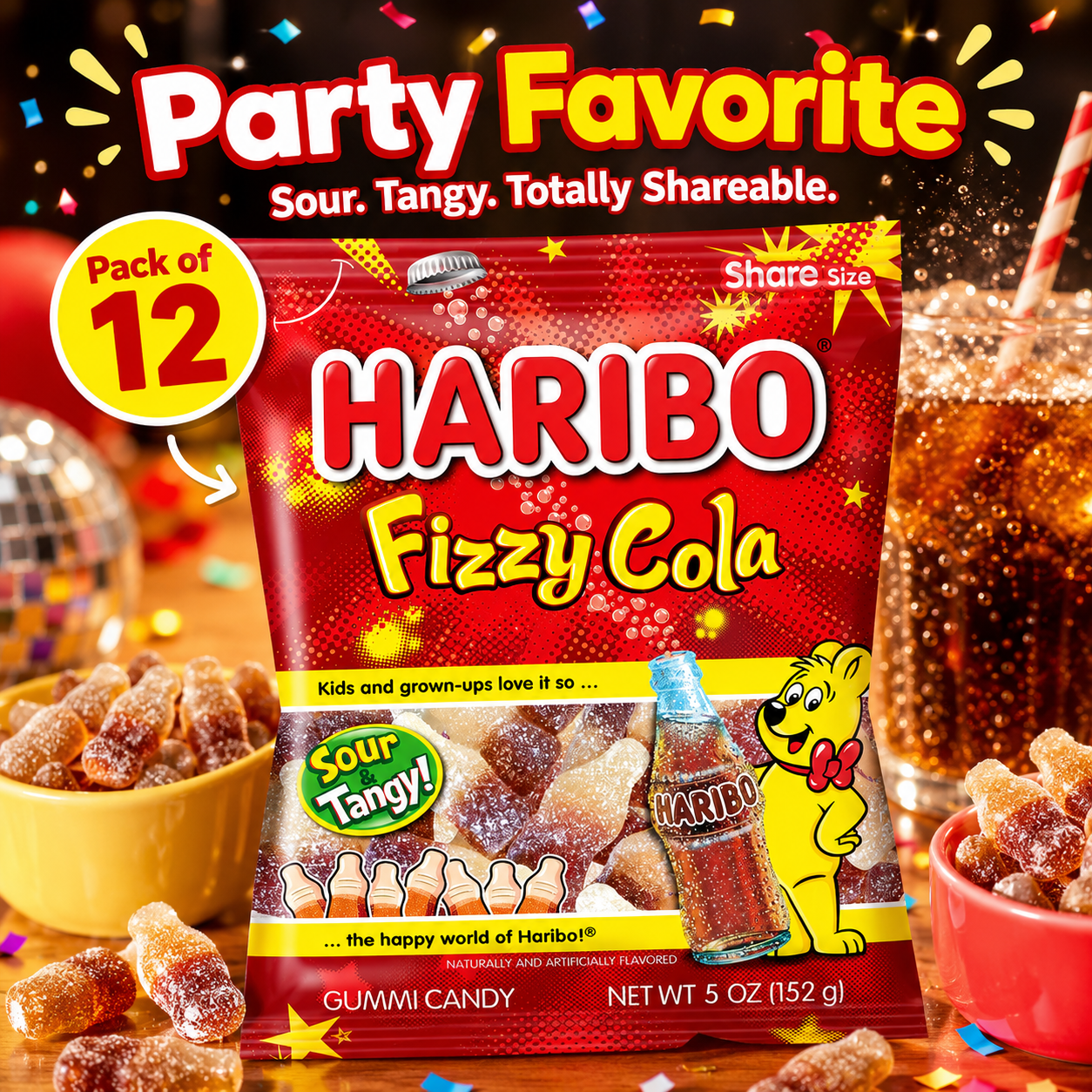 HARIBO Fizzy-Cola Gummi Candy Share Size Bags Sour & Tangy Cola Flavor Soft & Chewy 5 oz